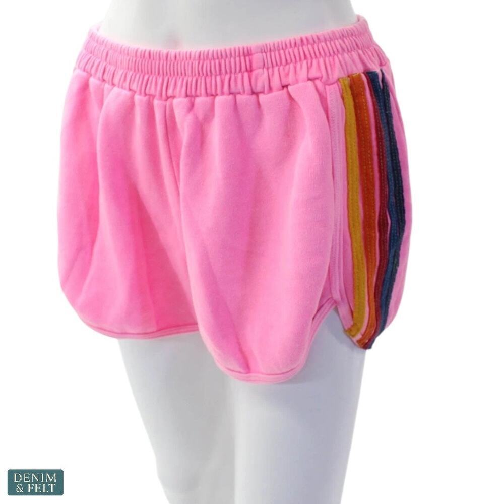 Aviator Nation Pink 5 Stripe Classic Sweat Shorts Neon Rainbow Soft Lounge XL - Picture 4 of 14